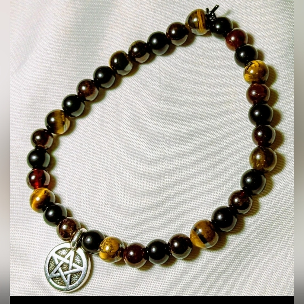 Black Obsidian, Garnet, Tigers Eye & Pentacle Charm Gemstone PROTECTION Bracelet